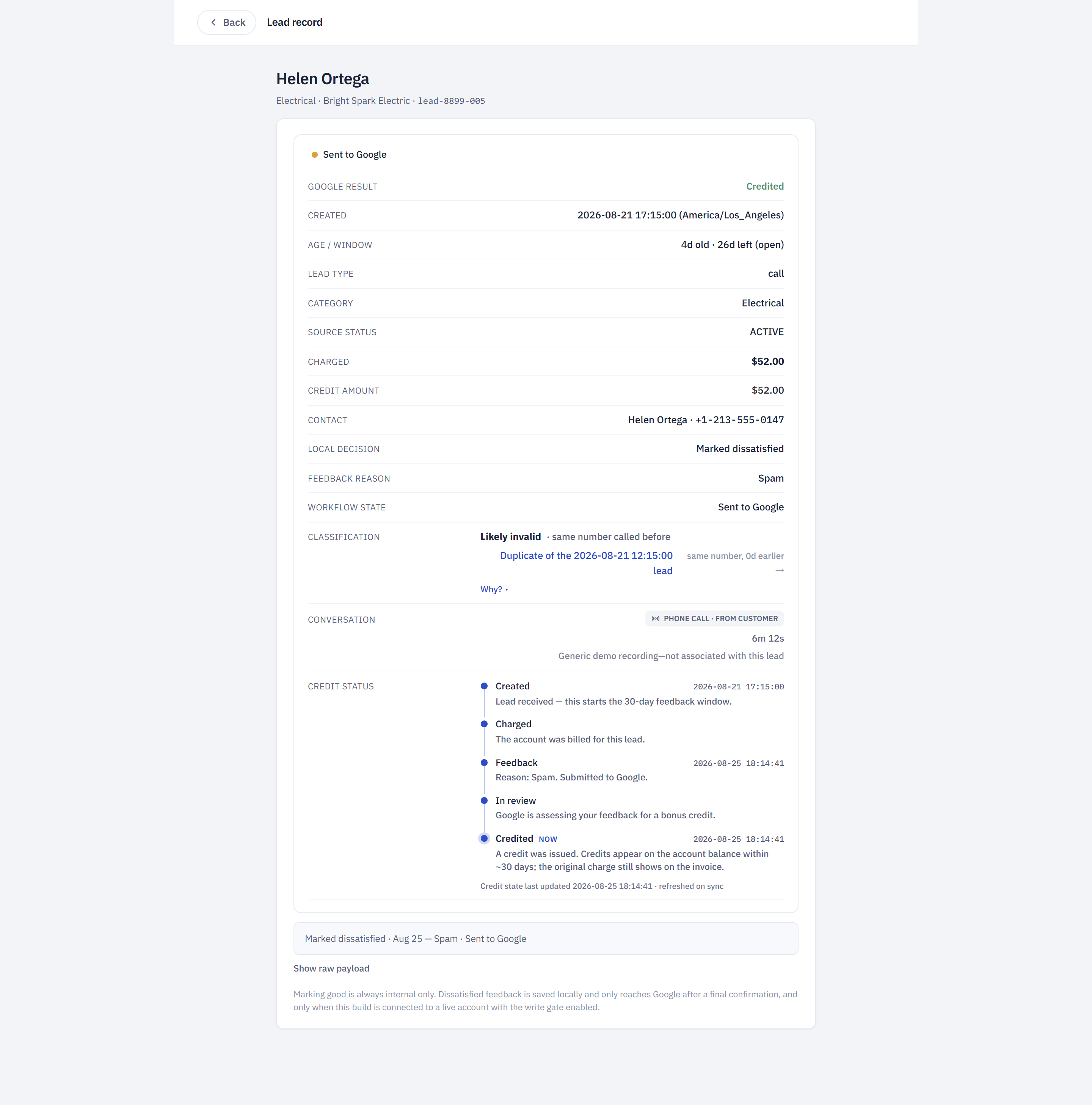 A single lead record showing its workflow state, charge, classification, the evidence behind the recommendation, and what may be sent to Google.