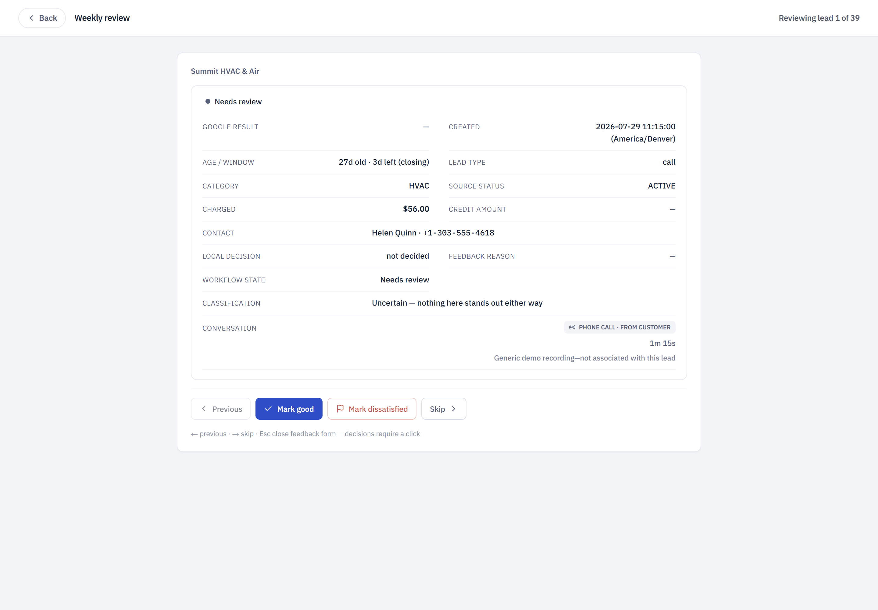 Weekly review screen showing one lead at a time: charged amount, days left, contact, classification, call length, and Mark good, Mark dissatisfied and Skip buttons.